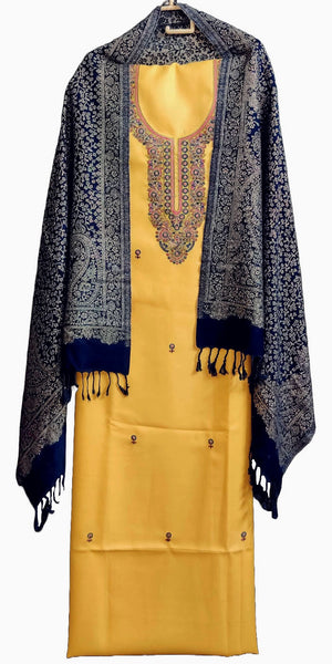 CANARY YELLOW COTTS WOOL UNSTITCHED SALWAR KAMEEZ JACQUARD STOLL SUIT w RESHAM EMBR DRESS MATERIAL LADIES DEN